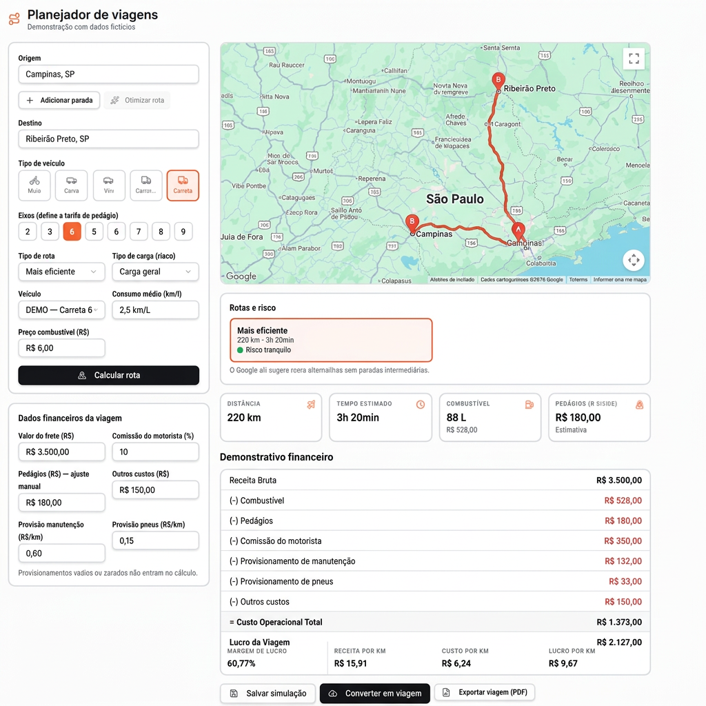 Planejador G3 com viagem fictícia de carreta, origem e destino, combustível, pedágios, demonstrativo financeiro e margem estimada